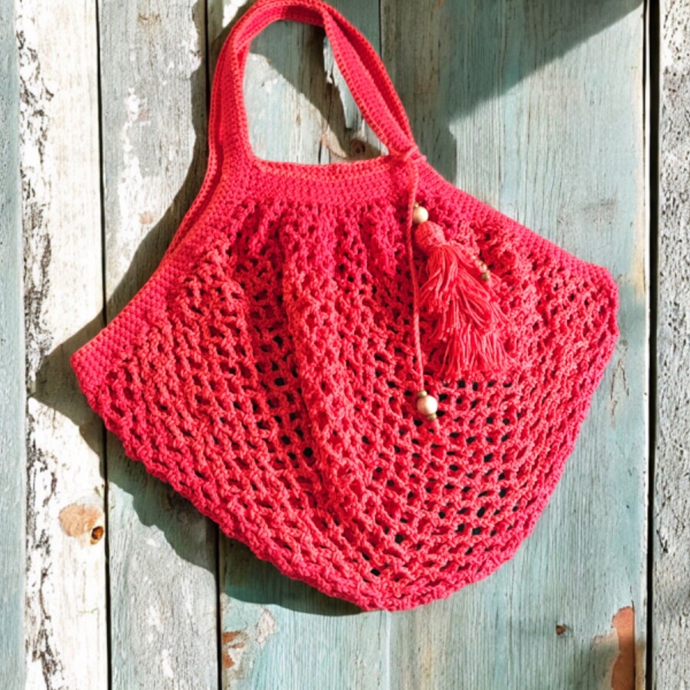 French Inspired Crochet Fishnet Market Bag Red Rouge Tote Shoulder Bag w/Tassel